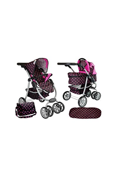LeanToys Cărucior pentru păpuși, negru cu buline roz, 2 în 1, 7706