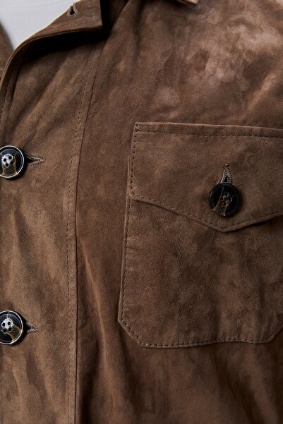 KENDE Men's Safari Buttoned Genuine Leather Milk Brown Suede Jacket