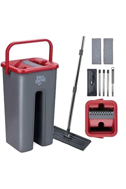 SokShop Dirt Devil cleaning set, flat mop 120 cm, 2-compartment bucket, gray/red