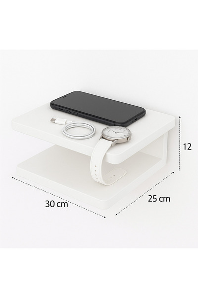 ALADAĞ HOME Minimalist Duvar Tipi Beyaz Yatak Yanı Raf – 2 Katlı Telefon ve Saat Rafı 30x25 cm