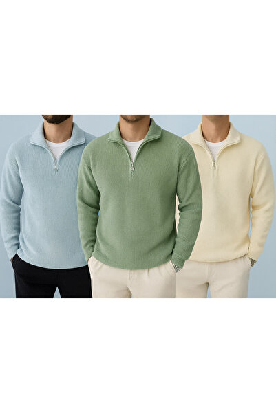 oneoff 3 Pack Men's Corded Fabric Half Zipper Collar Detailed Knitwear Baby Blue Beige Brick Sweater