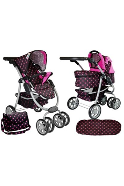 LeanToys Cărucior pentru păpuși, negru cu buline roz, 2 în 1, 7706