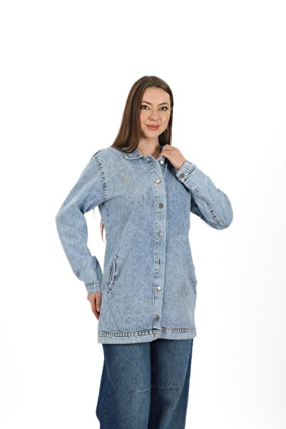 ZENA BY ÇETİN LEVENT Blue Stone Detailed Long Denim Jacket