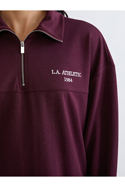 LC Waikiki Plum Mock Neck Embroidered Oversized Women's Sweatshirt Tunic