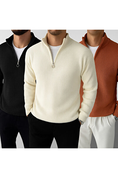 oneoff Pack of 3 Men's Corded Fabric Half Zipper Collar Detailed Knitwear Black Beige Tile Sweater