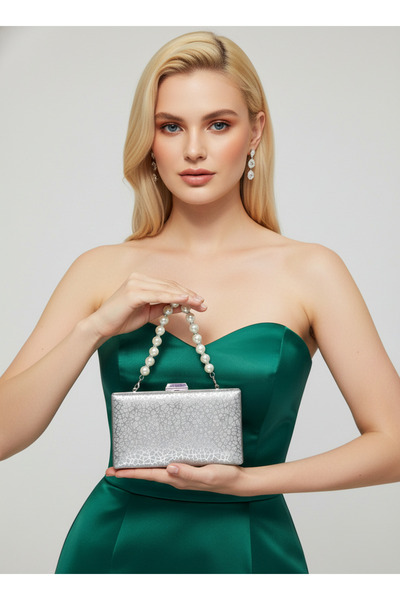 Biçanta Silver Imported Glitter Patterned Pearl Handle Women's Evening Dress Bag