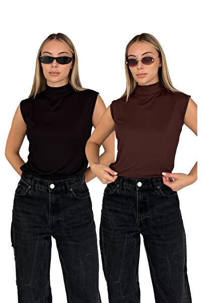 RDK Giyim Kadın Sıfır Kol Boğazlı Body 2'li Set - Siyah Kahvereng,