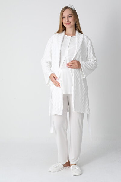 Lohussa Women's Ecru Jacquard Shawl Collar Lace Winter Special Design Maternity Pajama Set