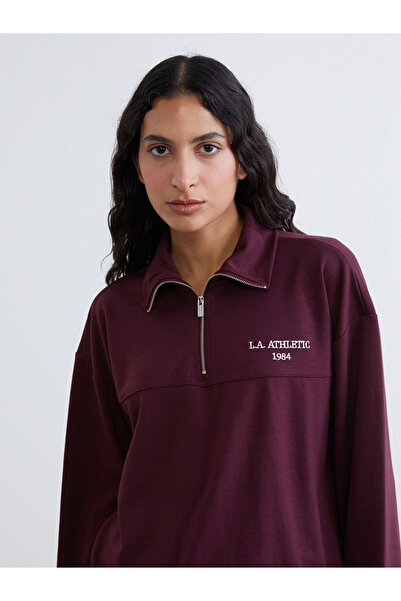 LC Waikiki Plum Mock Neck Embroidered Oversized Women's Sweatshirt Tunic