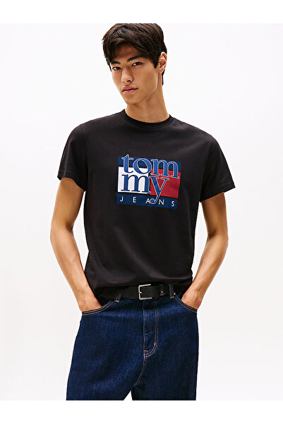 Tommy Hilfiger Ανδρικό λογότυπο μάρκας Βιολογικό βαμβακερό γιακά ποδηλάτου Κατάλληλο για καθημερινή χρήση Μαύρο T-Shi