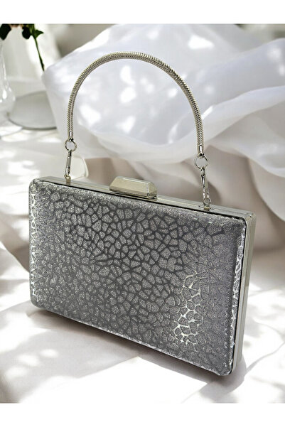 Biçanta Platinum Imported Glitter Patterned Metal Handle Women's Evening Dress Bag