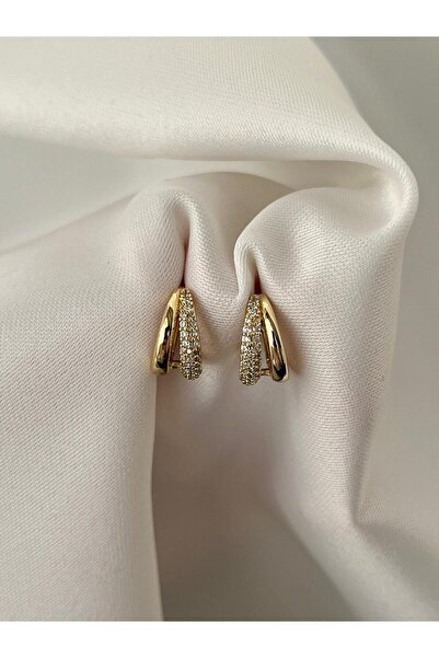 yeknova Xuping 14K Gold Rengi Kuyumcu İşçiliği İkili Model Taş Detay Kararmaz Kadın Halka Küpe