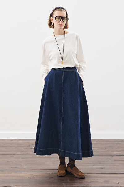 Manuka Wide Denim Skirt with Stitching Details in Indigo