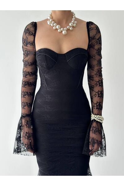 maf collection Γυναικείο μακρύ βραδινό φόρεμα με λεπτομέρεια από δαντέλα με μαύρη καρδιά