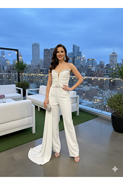 Robes Beyaz Askılı Derin V Yaka Kuşak Detaylı Geniş Paça Abiye Tulum-6647