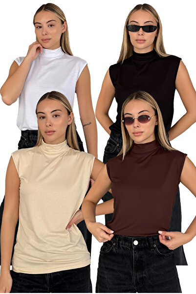 RDK Giyim Kadın Sıfır Kol Boğazlı Body 4'lü Set - Beyaz Siyah Bej Kahverengi