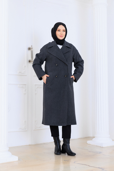 Eliva Women's Anthracite Gray Stylish Elegant Thick Imported Cashmere Trench Coat Top Coat K Double-Breasted Overcoat Hijab Coat