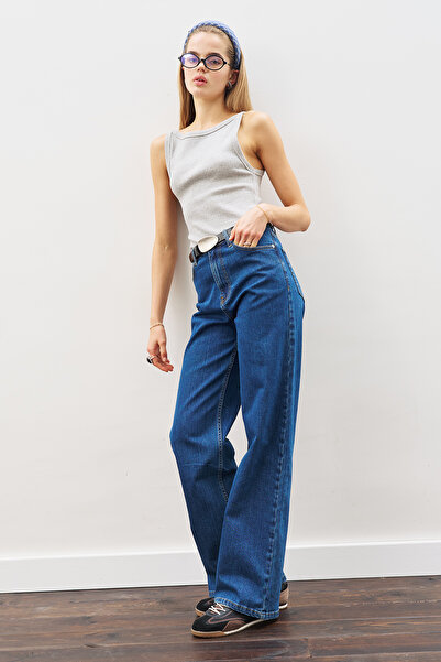 Manuka Wide Denim Pants with Stitching Details in Indigo