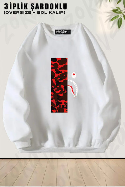 ZOKAWEAR Sweatshirt unisex cu croi lejer Bape Shark roșu cu imprimeu camuflaj...