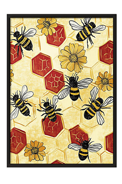 Zestia Картина с черна рамка, пчели и пчелна пита - натюрморт, постер за кухн...