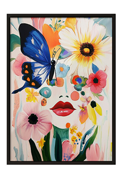 Zestia Tablou înrămat negru, fluture albastru și flori – Artă de primăvară, d...