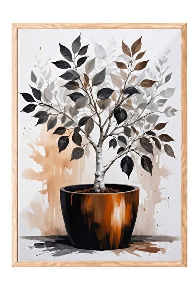 Zestia Tablou cu ramă din lemn, plantă în ghiveci în tonuri calde – Natură mo...
