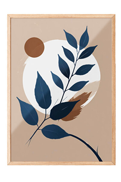 Zestia Tablou cu ramă din lemn, nuanță albastră și frunze - Stil Lagom și sca...
