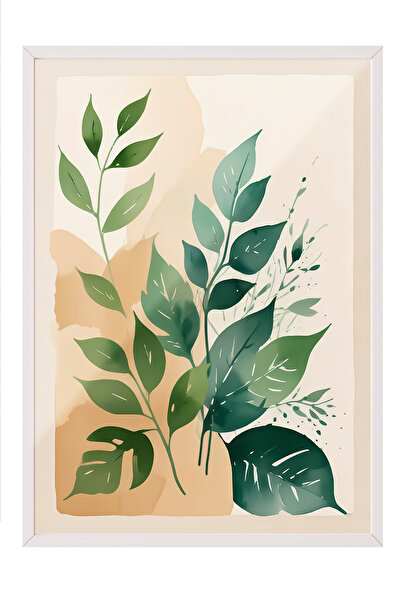 Zestia Tablou în ramă albă, plantă minimalistă cu frunze verzi, poster decora...