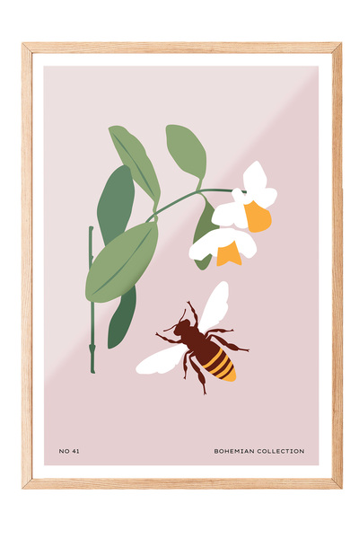 Zestia Tablou cu ramă din lemn, albină și floare minimalistă - Armonia naturi...