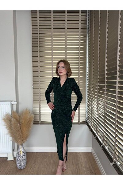 Bellucia Taş Detaylı Kruvaze Yırtmaçlı Abiye Elbise