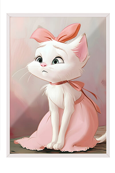 Zestia Tablou cu ramă albă, pisică drăguță cu panglică roz, poster decorativ ...