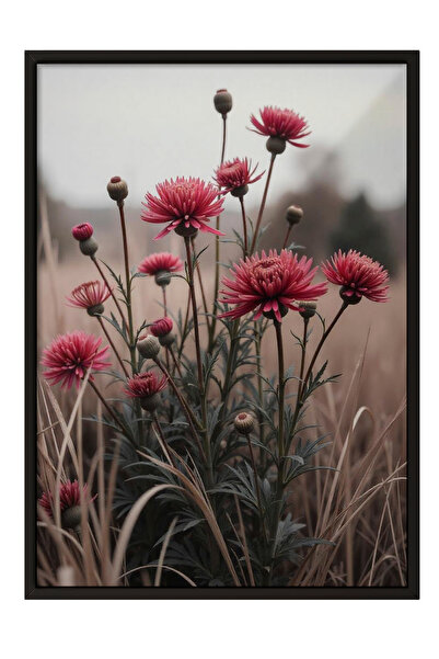 Zestia Tablou înrămat negru, Drum rural și ierburi sălbatice - Peisaj în past...