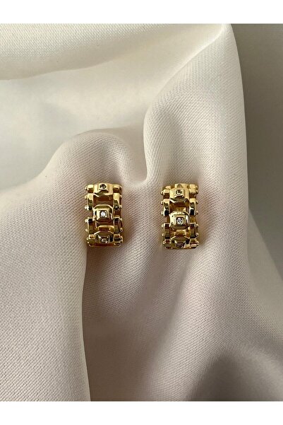 yeknova Xuping 14K Gold Rengi Kuyumcu İşçiliği Kareli Modern Tasarım Taş Detay Kararmaz Kadın Halka Küpe