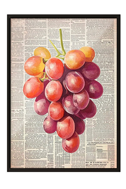 Zestia Tablou înrămat negru, model cu struguri - Fundal de ziar vintage, post...