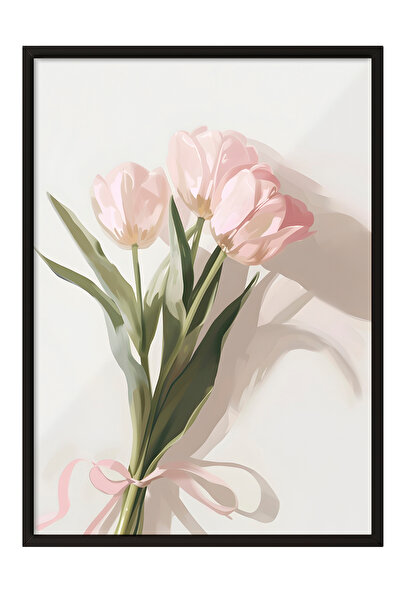 Zestia Tablou cu ramă neagră, lalele roz elegante – Botanică în pasteluri, Po...