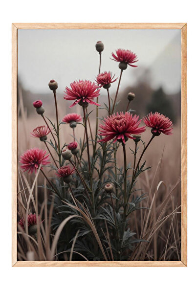 Zestia Tablou cu ramă din lemn, Drum rural și ierburi sălbatice - Peisaj în p...