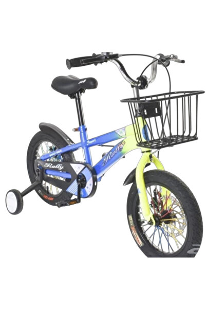 Rally 16 Inch Kids Bike for Boys and Girls with Basket and Training Wheels - Yellow/Blue