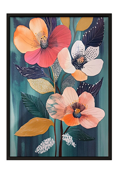 Zestia Tablou înrămat negru, floare de somon și frunze întunecate, poster dec...