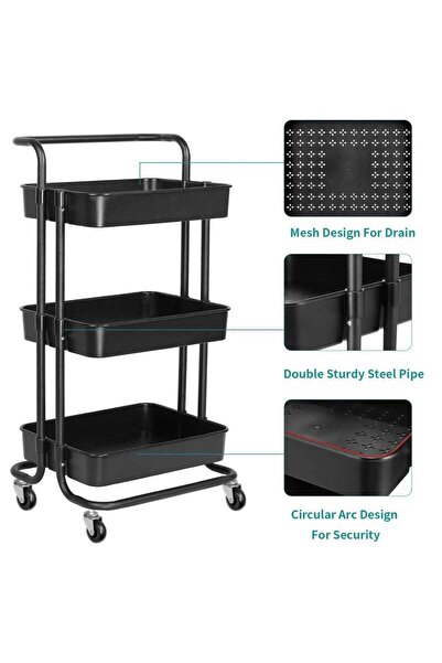 S Z F Store عربة تخزين بلاستيكية متنقلة بثلاثة رفوف مع عجلات قابلة للقفل وسلال شبكية (46 × 36 × 90 سم)