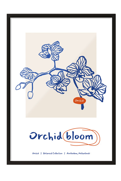 Zestia Tablou în ramă neagră, Orhidee albastră – Ilustrație botanică modernă,...