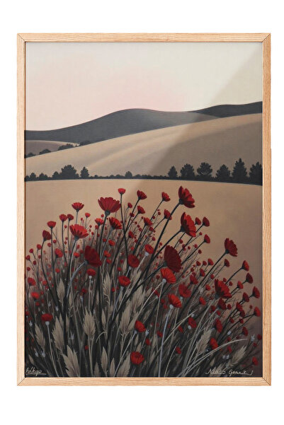 Zestia Tablou înrămat în lemn, Peisaj cu câmpuri de mac - Natură liniștită, P...