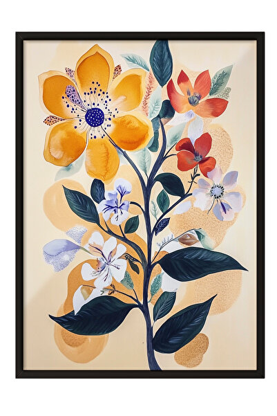 Zestia Tablou cu ramă neagră, model floral portocaliu – Botanică retro, decor...