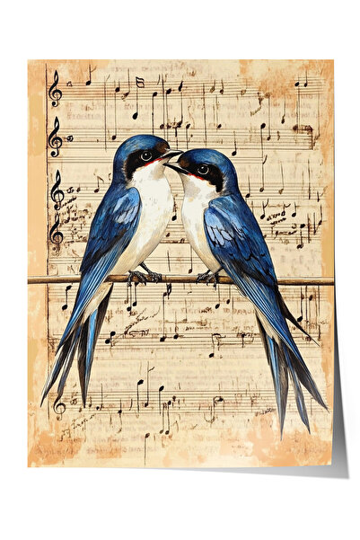 Zestia Безрамков постер, Две птици върху ноти – Романтична музика, Декор за в...