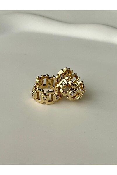 yeknova Xuping 14K Gold Rengi Kuyumcu İşçiliği Kareli Modern Tasarım Taş Detay Kararmaz Kadın Halka Küpe