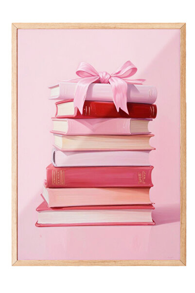 Zestia Tablou cu ramă din lemn, Cărți cu panglici roz – Artă feminină, Poster...