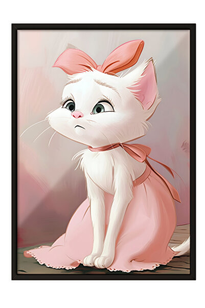 Zestia Tablou cu ramă neagră, pisică drăguță cu panglică roz, poster decorati...