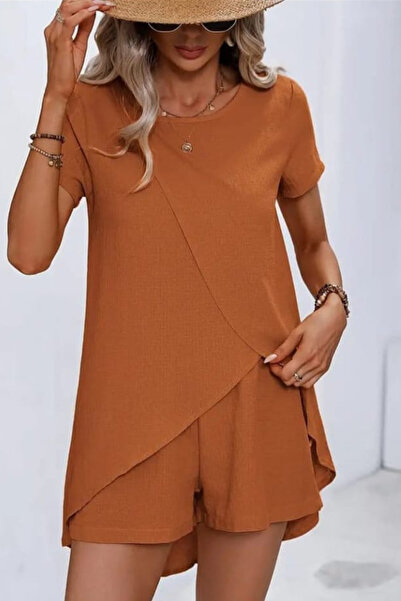 ESSFASIHON Short sleeve asymmetric cut wrap blouse shorts double set