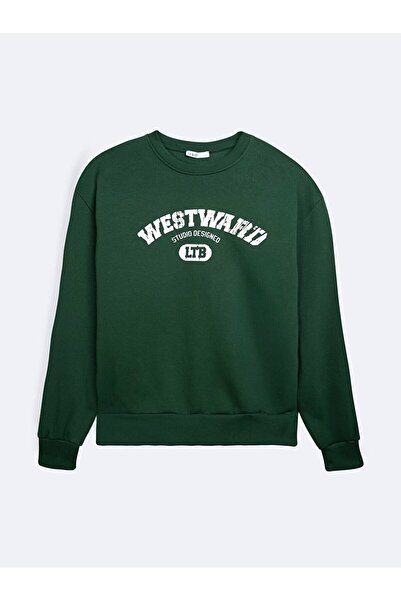 Ltb Long Sleeve Crew Neck Slogan Printed Green Sweatshirt
