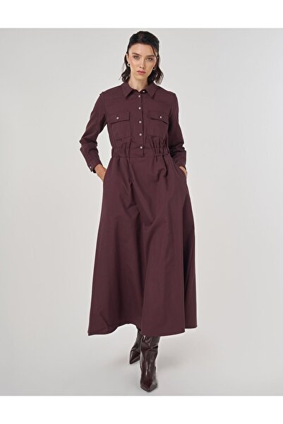 Kayra Shiny Buttoned Maxi Dress Dark Burgundy