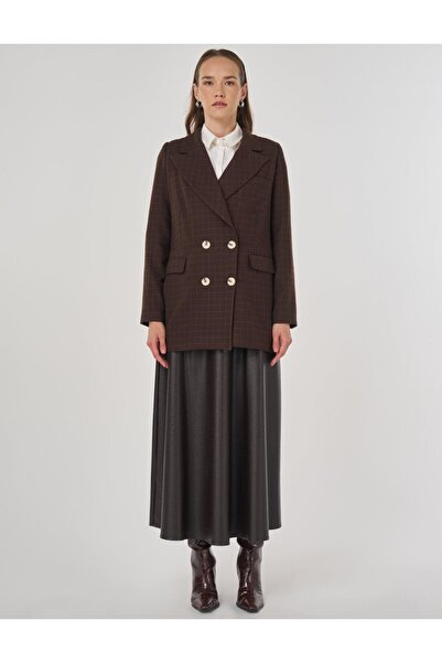 Kayra Plaid Pattern Blazer Jacket Dark Brown